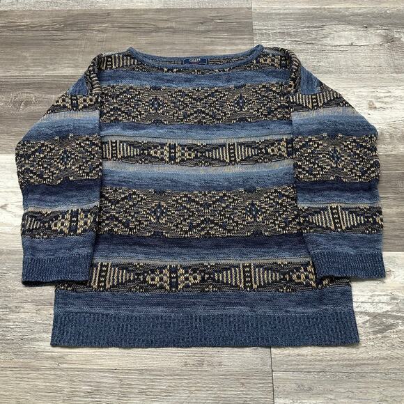 Chaps Denim Geometric Abstract Blue Tan Womens M Linen Blend Pullover Sweater - Picture 1 of 10